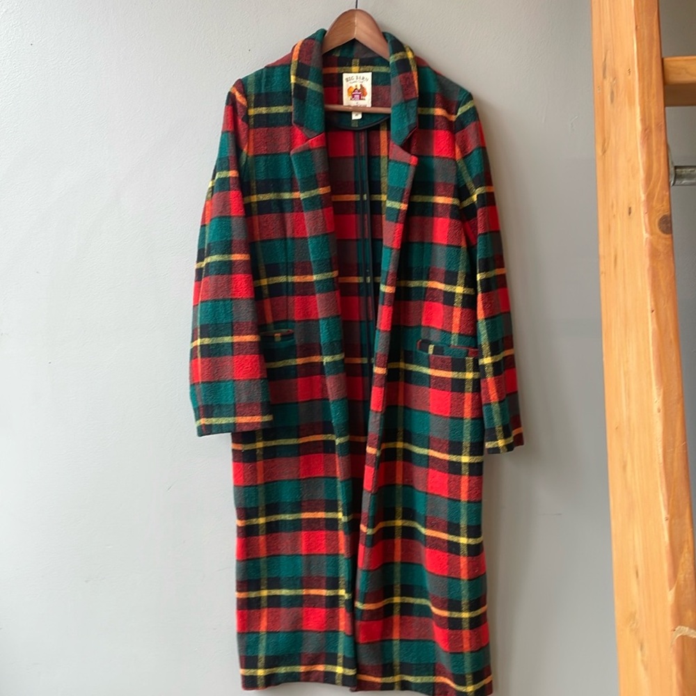 Kiel James Patrick Big Barn Red Plaid Open Wool Duster Coat